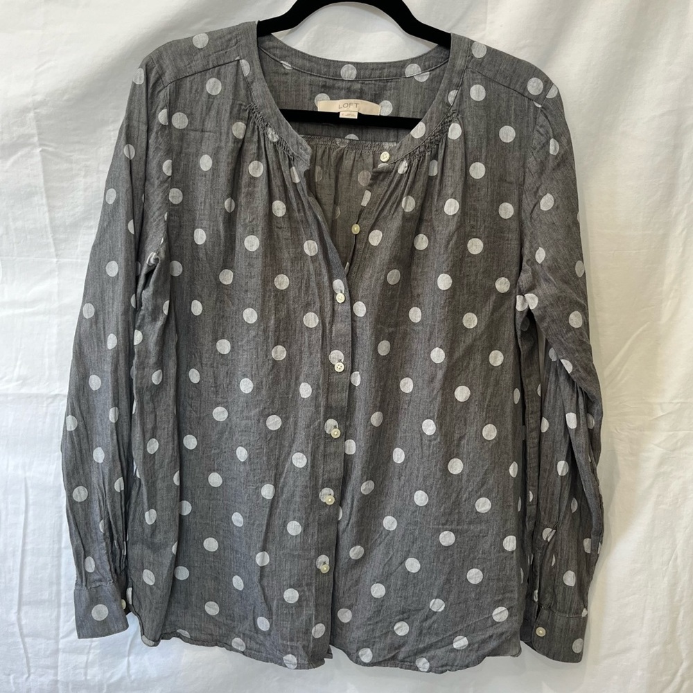 LOFT Gray Polka Dot Button-Down Blouse – Size Small